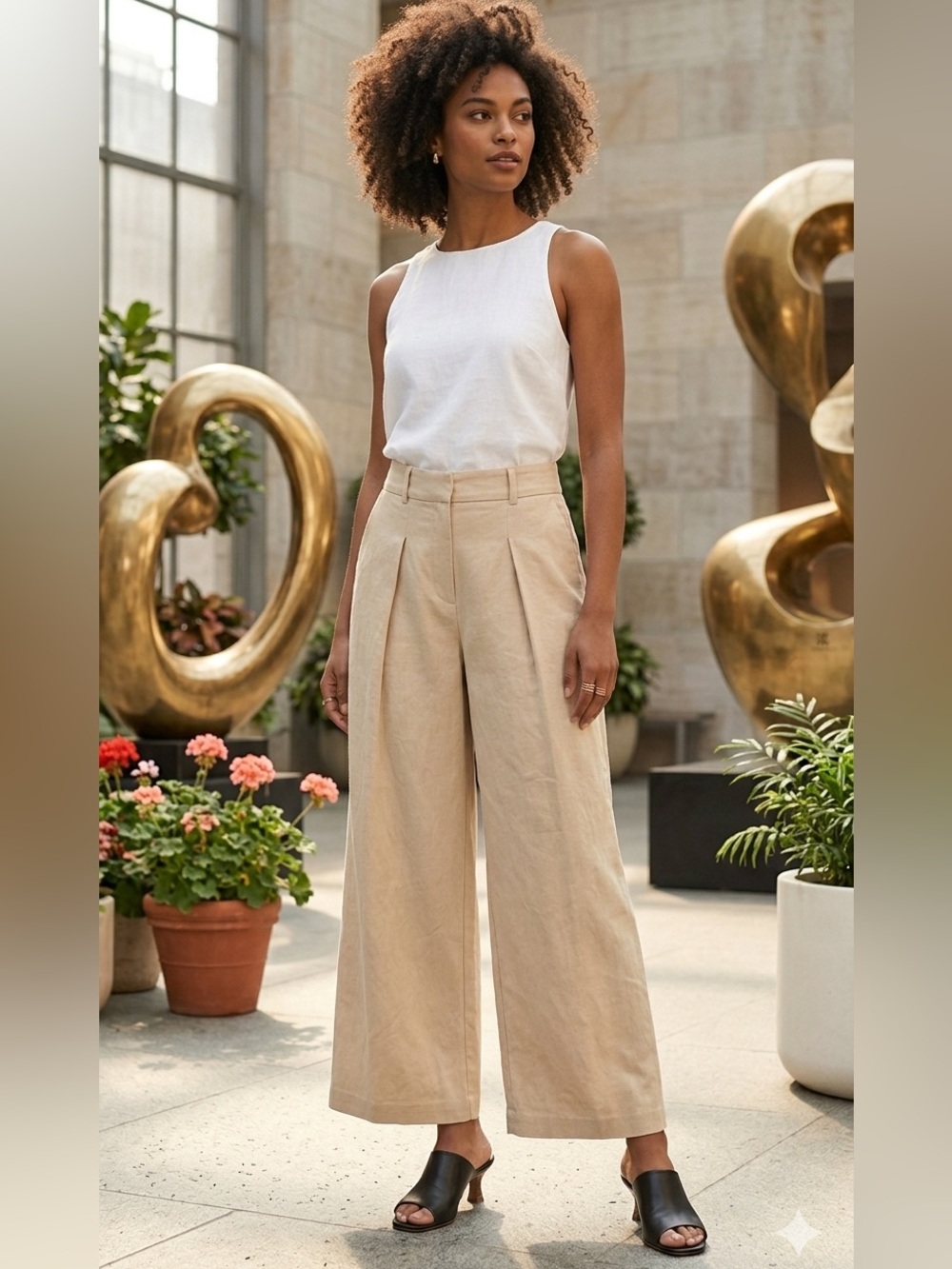 Commense Wide-Leg Pleated Pants in Light Beige